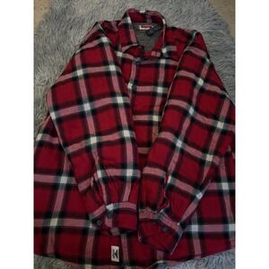 Wrangler Sherpa Lined Flannel Shirt Jacket Red Plaid‎ Button Front L Warm Cozy